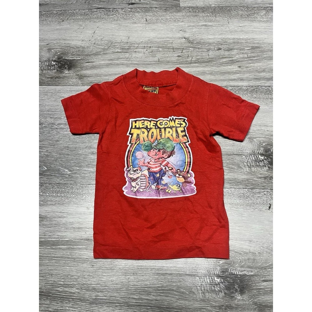 Vintage 1978 Here Comes Trouble Aubrey Flock Print T Shirt Size 3T